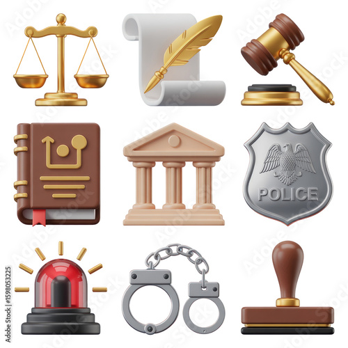 Legal and justice themed emoji set with gavel scales handcuffs and police badge symbols