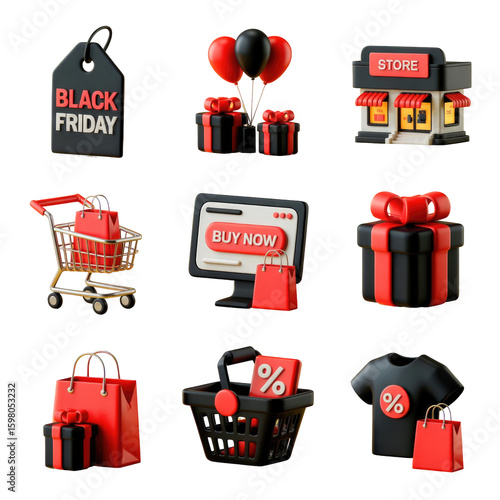Black friday shopping icons with vibrant red and black theme for stores and online buying deals