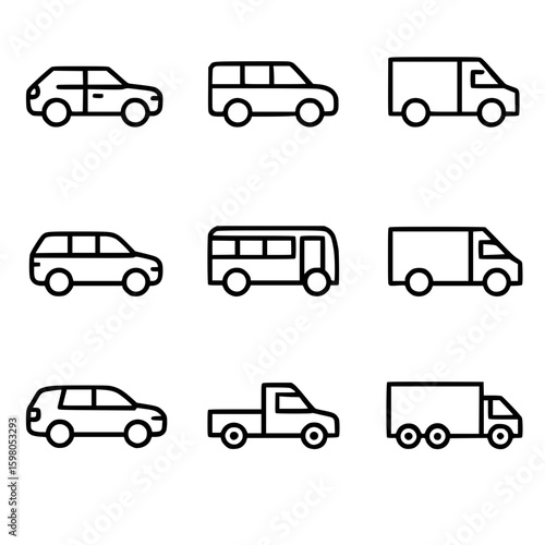 Isolated line icons of cars, trucks, buses, and vans