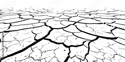 "A stark, black and white, high-contrast image showing a wide expanse of deeply cracked earth, stretching towards a distant horizon, emphasizing the textures and patterns of drought and desiccation."