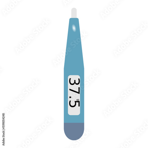 Blue plastic bottle and digital medical thermometer isolated on white for temperature measurement