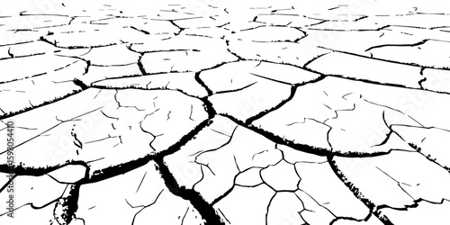 "A stark, black and white, high-contrast image showing a wide expanse of deeply cracked earth, stretching towards a distant horizon, emphasizing the textures and patterns of drought and desiccation."