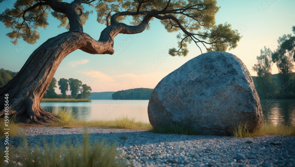 Fototapeta premium A large boulder near a tree by the water's edge with calm lake and landscape in the background. Nature scene with rocks and trees by a lake.