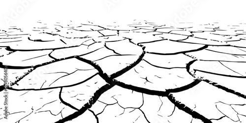 "A stark, black and white, high-contrast image showing a wide expanse of deeply cracked earth, stretching towards a distant horizon, emphasizing the textures and patterns of drought and desiccation."