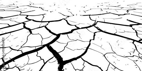 "A stark, black and white, high-contrast image showing a wide expanse of deeply cracked earth, stretching towards a distant horizon, emphasizing the textures and patterns of drought and desiccation."