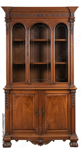 Antique Wooden Display Cabinet with Glass Doors Isolated Background