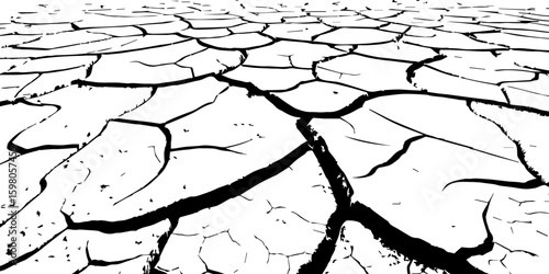 "A stark, black and white, high-contrast image showing a wide expanse of deeply cracked earth, stretching towards a distant horizon, emphasizing the textures and patterns of drought and desiccation."