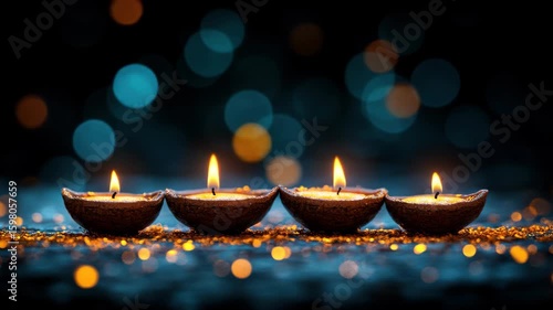 Four glowing candles in decorative holders, dark background with bokeh