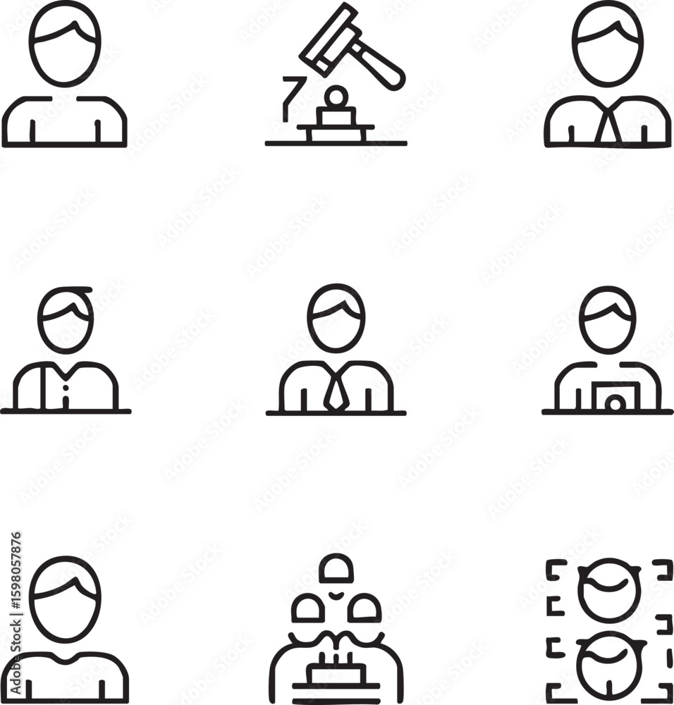 Business and legal vector icon set adjustable line weight,editable stroke,minimalist teamwork,judge,office,employee,birthday party,manager,worker,profile,digital display icon set Business and legal vector icon set adjustable line weight,editable stroke,minimalist teamwork,judge,office,employee,birthday party,manager,worker,profile,digital display icon set