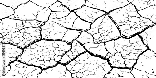 A stark, high-contrast, black and white close-up of severely cracked earth, showing a network of deep fissures and irregular polygons. The texture emphasizes the dryness and desolation of the ground.