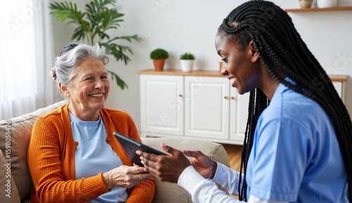 Caregiver assisting an elderly woman with a tablet in a cozy living room setting