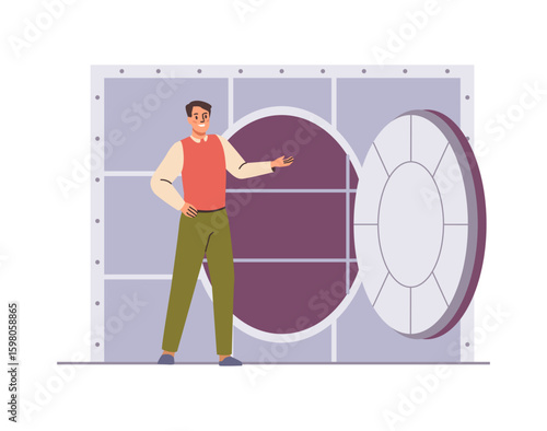 Bank worker showing open safe to clients. Vector financial advisor standing near to security deposit box. Secure storage in saving institution. Male character presenting strongroom in depository