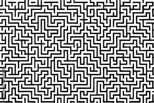 Seamless black and white geometric maze pattern, abstract optical labyrinth background, modern line art puzzle design, hand drawn complex routing grid, minimal graphic decorative texture illustration
