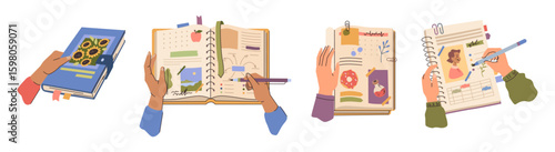 People writing personal plans or memories to diaries. Vector isolated hands holding and making notes to notebooks decorated with flower, pictures and plants. Planners and organizers with bookmarks