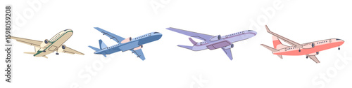 Flying passenger plane in sky. Vector in flat style, isolated set of aviation transport for traveling and commuting. Flight, landing or taking off, airbus design, airliner or aeroplane design