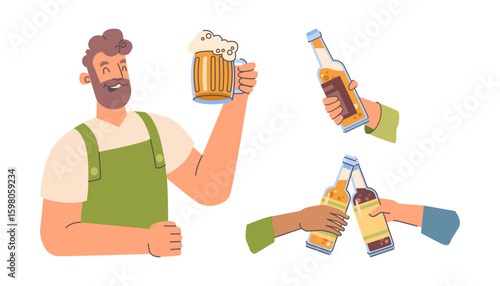 Brewer in special suit with mug of foamy craft beer. Vector isolated hands holding bottles of brew. Clicking, cheering and toasting. Octoberfest and celebration. entertainment and rest on weekend