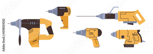 Rotary hammer, screwdriver and drills, isolated set of tools and equipment for handyman work. Vector in flat style, mechanical and electric automatic appliances for renovation and fixing