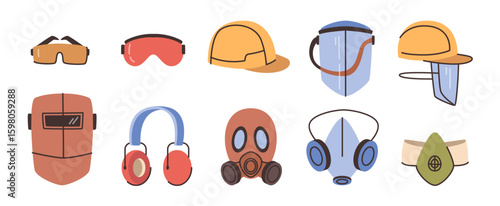 Respiratory equipment for construction or manufactory workers. Vector in flat style, isolated set of safety items for eyesight and hear. Helmet with protective film, mask and googles, headphones