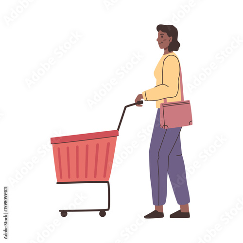 Female character choosing and selecting food and products in grocery store. Vector in flat style, isolated woman with trolley in hypermarket or supermarket looking for food or goods in shop