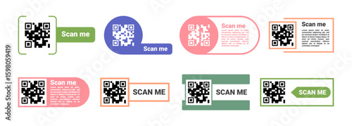 QR codes with information about product or company. Vector in flat style, isolated set of labels with scan me text. Quick pay or application link, shopping barcodes for smart devices ui design