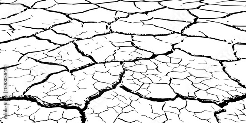 A stark, high-contrast, black and white close-up of severely cracked earth, showing a network of deep fissures and irregular polygons. The texture emphasizes the dryness and desolation of the ground.