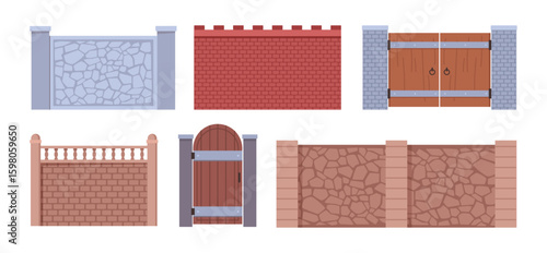Stone gates, entranceways constructed from granites. Vector structural decorative walls made of forged metal structures, woods and rocks. Equipment for private areas, fence gardeners houses