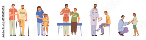 Nurse and doctors care, physiotherapy and rehabilitation of people with disability and post injuries recovery. Vector isolated flat characters doing exercises to improve and increase mobility