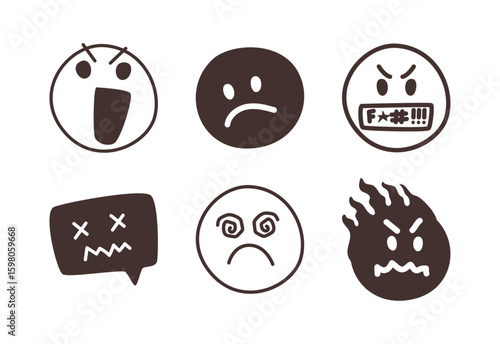 Angry and sad, swearing censored language and mad smiles set. Vector isolated monochrome emotion icons collection. Emotional expressions of anger and displeasure, irritation and negative feelings