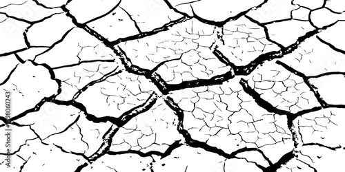 A stark, high-contrast, black and white close-up of severely cracked earth, showing a network of deep fissures and irregular polygons. The texture emphasizes the dryness and desolation of the ground.