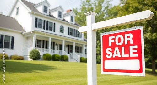 Beautiful white colonial house with a red for sale sign in the front yard