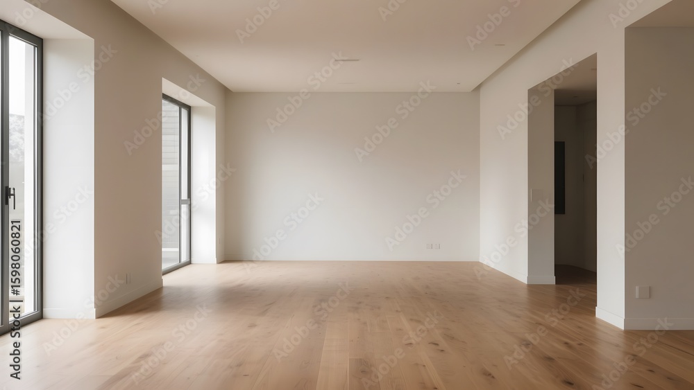 Spacious Empty Room with Wooden Floor and Large Windows Spacious Empty Room with Wooden Floor and Large Windows