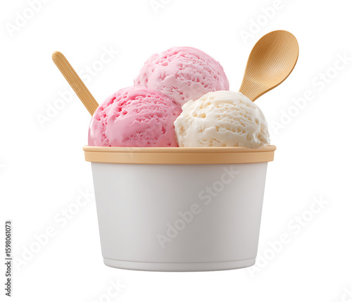  ice cream tub with three scoops, one pink and white isolated on a transparent background