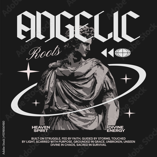Urban streetwear t-shirt design angel,
Angelic statue poster cosmic art, Heavenly spirit divine energy shirt, Faith guided retro sculpture print