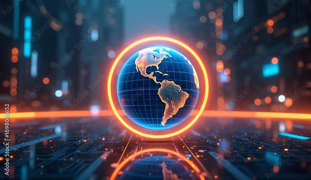 Fototapeta premium Globe Encased in Orange Ring Amidst Futuristic Cityscape