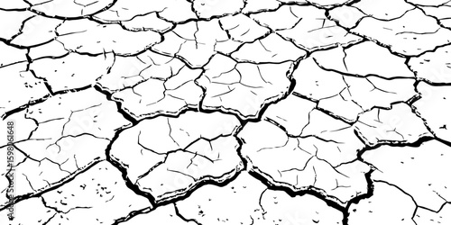 A stark, high-contrast, black and white close-up of severely cracked earth, showing a network of deep fissures and irregular polygons. The texture emphasizes the dryness and desolation of the ground.