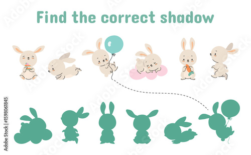 Children game with cartoon bunnies. Connect rabbit and its shadow correctly. Childish educational play template design. Funny bunny vector characters