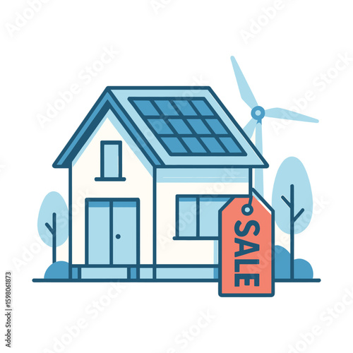 Vector illustration of a modern sustainable house with solar panels and wind turbine, marked for sale with a price tag.
