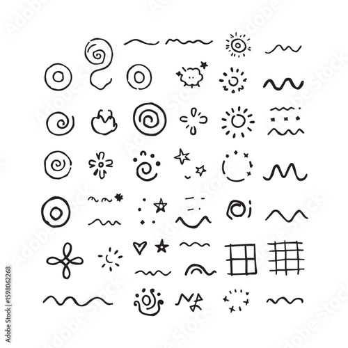 Collection of hand drawn primitive tribal sun and swirl motifs in black ink on white background