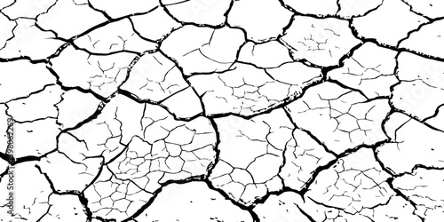 A stark, high-contrast, black and white close-up of severely cracked earth, showing a network of deep fissures and irregular polygons. The texture emphasizes the dryness and desolation of the ground.