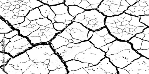 A stark, high-contrast, black and white close-up of severely cracked earth, showing a network of deep fissures and irregular polygons. The texture emphasizes the dryness and desolation of the ground.