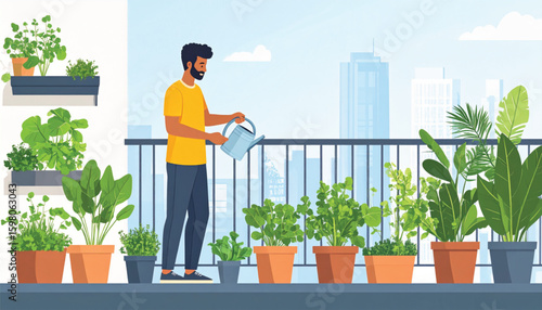Urban Gardening Lifestyle: Collection of People Caring for Balcony Gardens