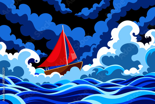 Sailboat with Red Sail on Stormy Ocean Waves Under Dark Dramatic Sky Illustration