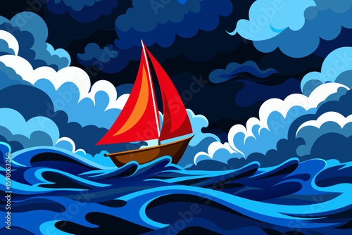 Sailboat with Red Sail on Stormy Ocean Waves Under Dark Dramatic Sky Illustration