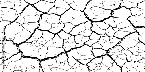 A stark, high-contrast, black and white close-up of severely cracked earth, showing a network of deep fissures and irregular polygons. The texture emphasizes the dryness and desolation of the ground.