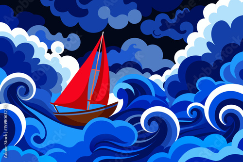 Sailboat with Red Sail on Stormy Ocean Waves Under Dark Dramatic Sky Illustration