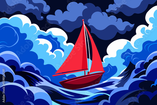 Sailboat with Red Sail on Stormy Ocean Waves Under Dark Dramatic Sky Illustration