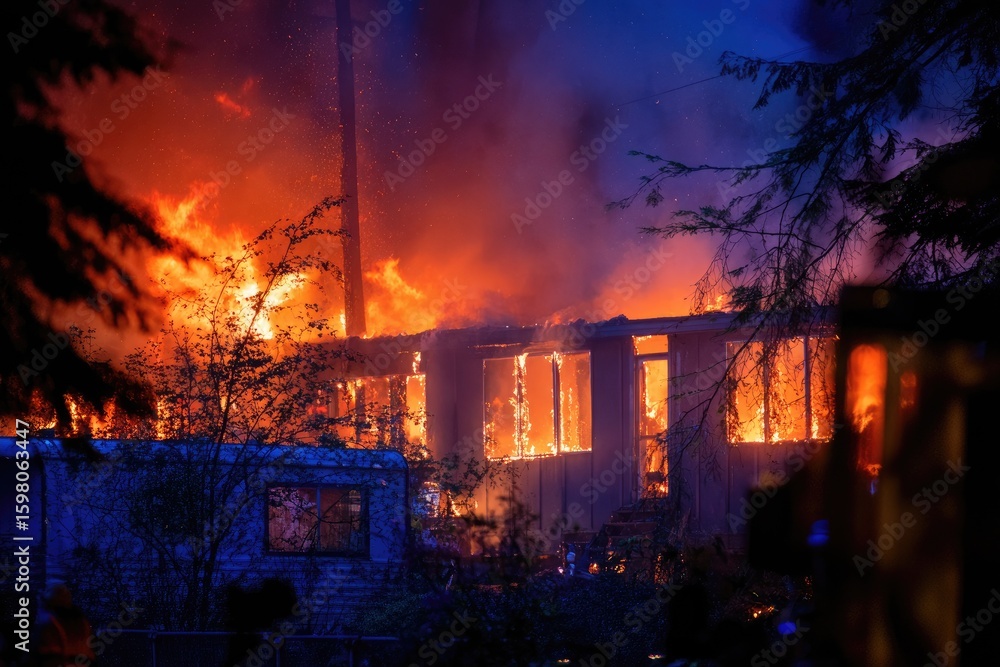 Fototapeta premium Fiery house ablaze at night