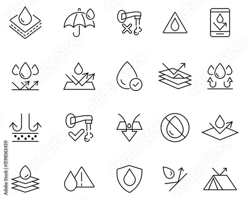 Waterproof icon set in flat style. Contains such Icons as anti wetting material, surface protection, hydrophobic fabric, water protection, moisture barrier and more. Damp proofing and protection.