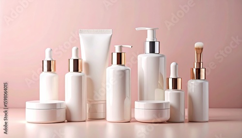 Collection of various white cosmetic containers, arranged neatly on a pale pink surface, showcasing different packaging styles for skincare products.