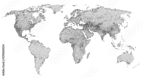 Vector map of the world in dot and halftone texture, illustrating population density. Stylized earth design combining cartography, geographic data, and digital illustration in a clean, flat background
